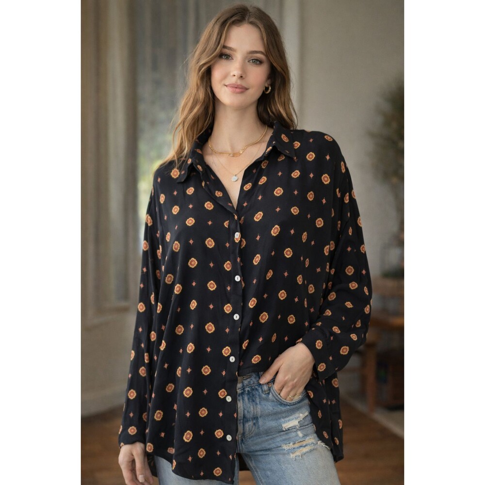 Oversized Flowy Button Down Blouse Black Geometric Print Rayon Intimately FP S